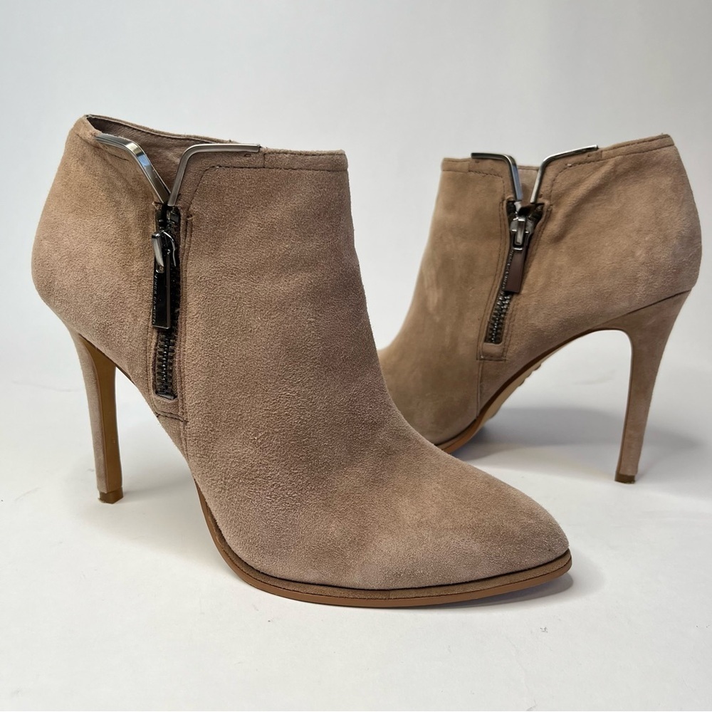 VINCE CAMUTO Lela Leather Tan Neutral Suede Zip Almond Toe Stiletto Bootie Heels